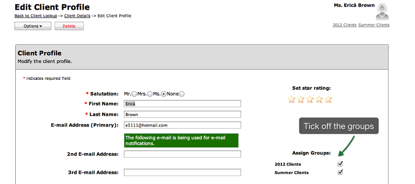 adding groups to the client profile within your online scheduler application
