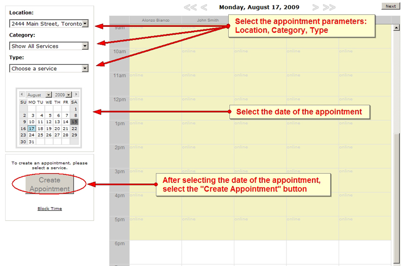 select an appointment type in the online scheduling calendar