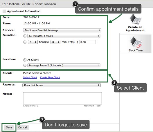 saving an appointment in your online appointment software