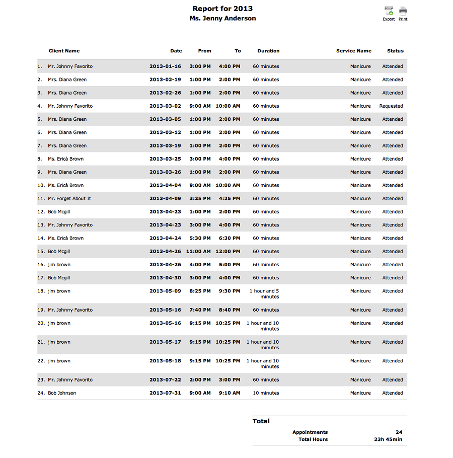 print and export staff appointment schedule within the online booking program