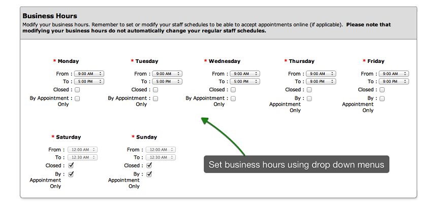 managing business hours within your online booking system